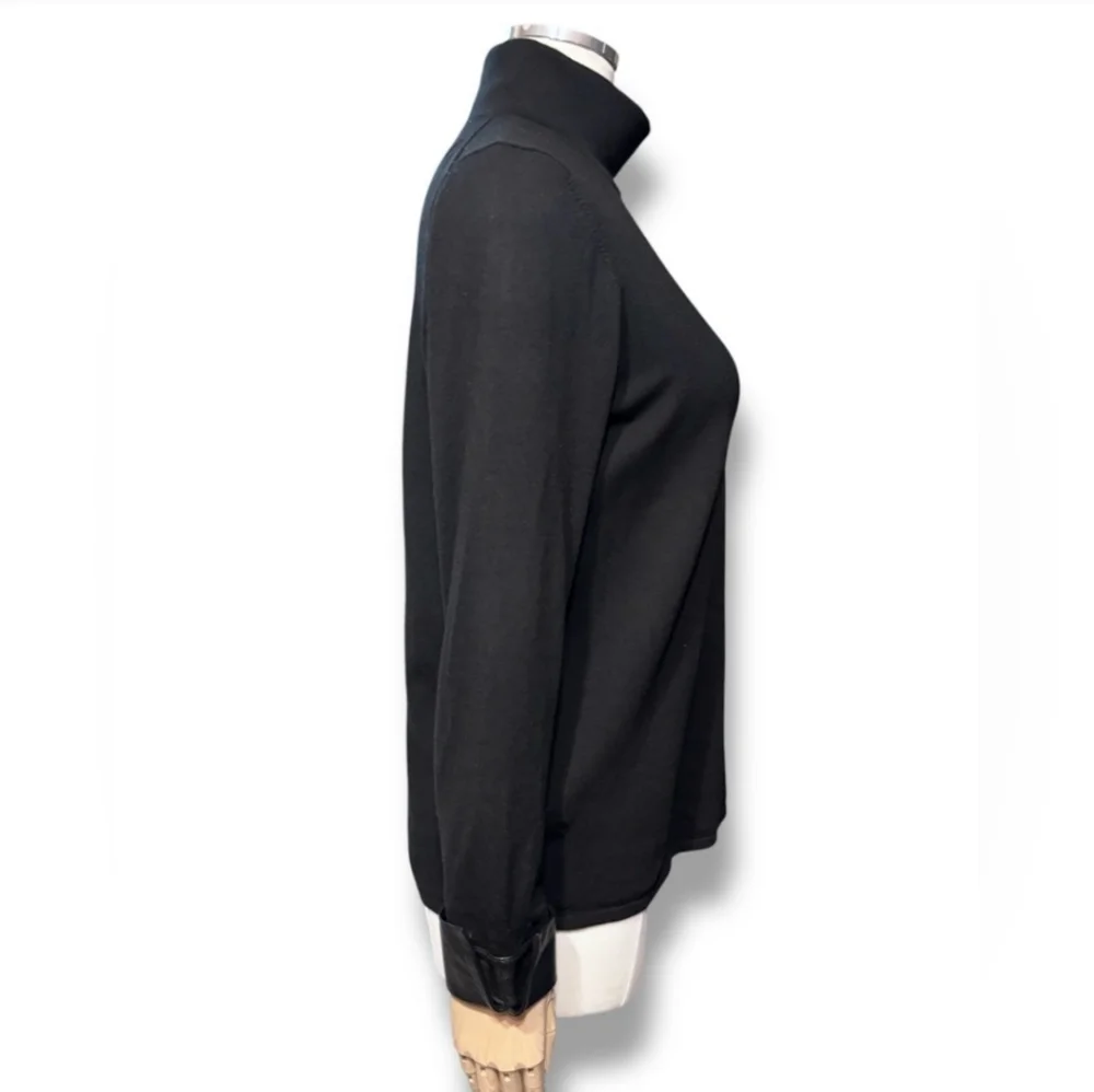 BELFORD Black Merino Wool Turtleneck Sweater Black Leather French Cuffs VINTAGE
